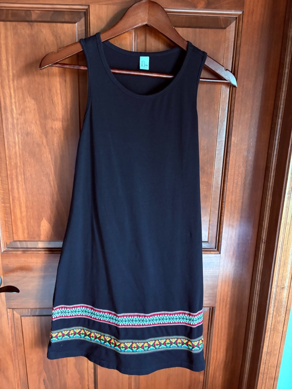 Boho Inspired Sleeveless Embroidered Hem Loose Casual Tank Dress -Small